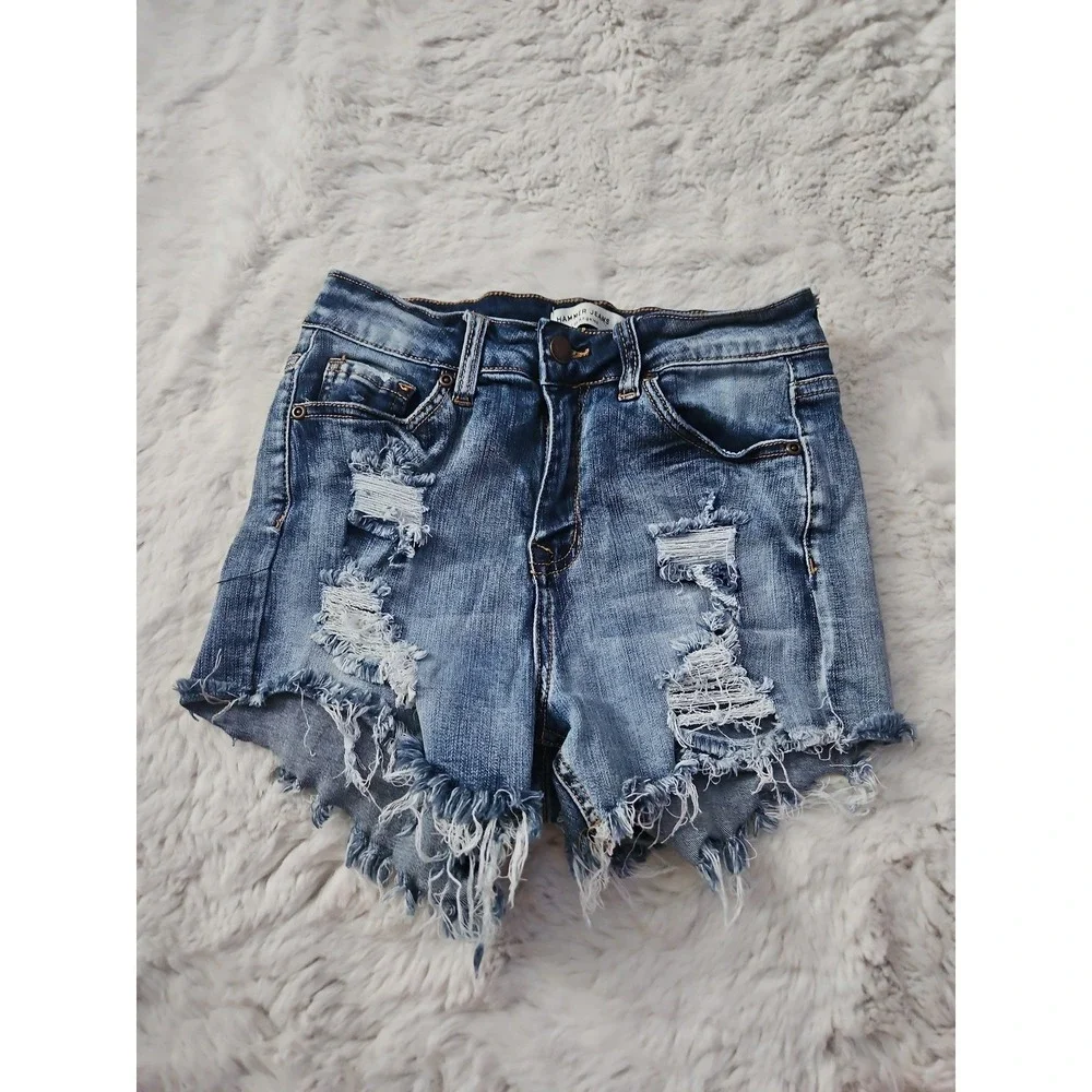Hammer Jeans High Waisted Denim Shorts Womens Size M Blue Destroyed Frayed Hem